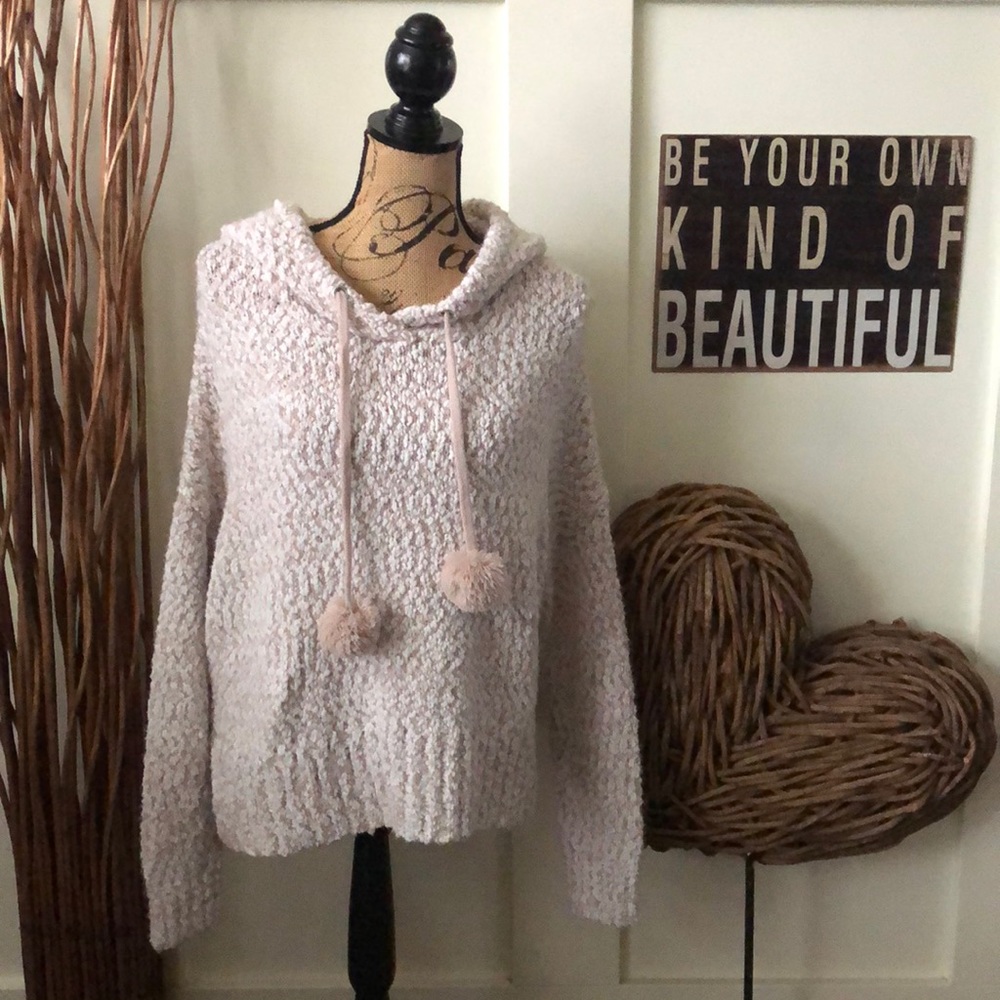 Cozy Hooded Pom-Pom Sweater - Light Blush